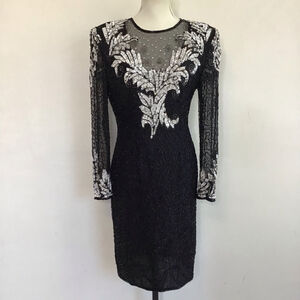 Lawrence Kazar Women Stunning Black White Silver Sequin Long Sleeve Dress M